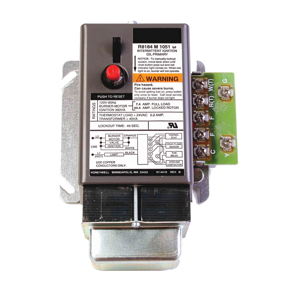 Honeywell Residential R8184M1051 Cad Cell Relay With Y & G Terminals For Cooling 45 Second Safety Switch Timing