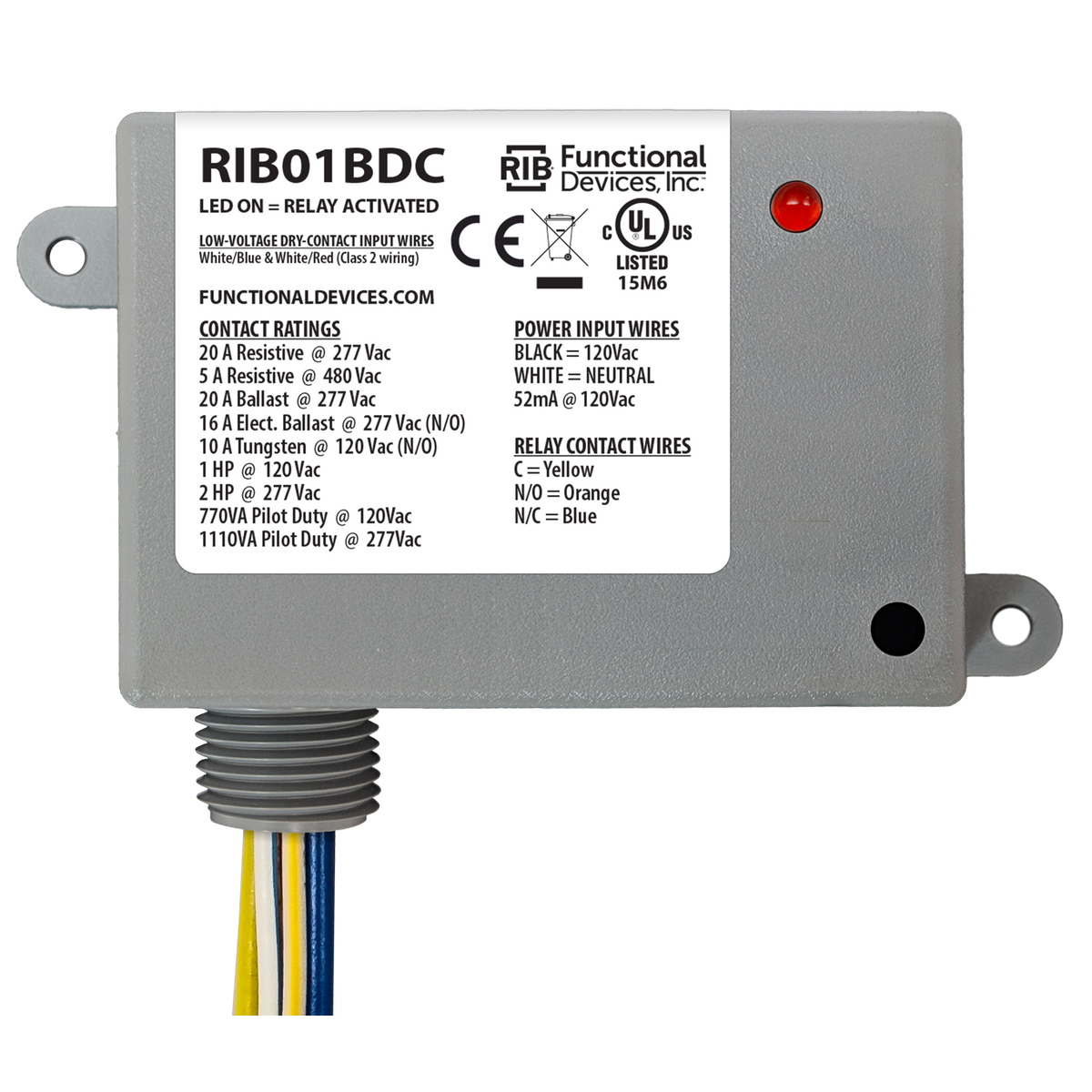 RIB Relays RIB01BDC Enclosed Relay Class 2 Dry Contact input120vac Pwr 20a Spdt