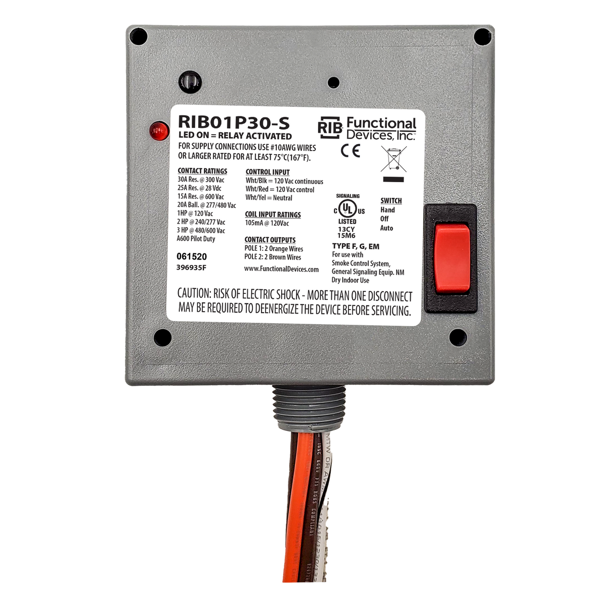 RIB Relays RIB01P30-S Enclosed Relay 30 Amp Dpst-n/O+coil Side Override With 120 Vac Coil Replaces