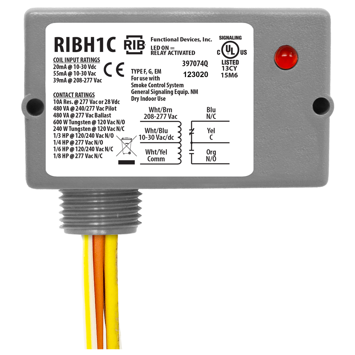 RIB Relays RIBH1C Enclosed Relay 10amp Spdt 10-30vac/dc/208-277vac