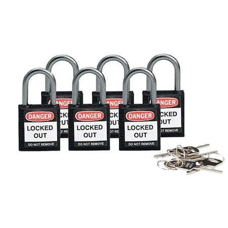 Brady 118934 - Lockout Padlock, Keyed Different, Nylon, Black, 1 in Shackle Height, 1 3/16 in Body Width, 6 PK
