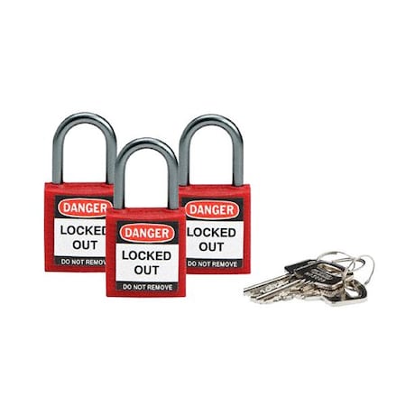 Brady 118953 - Lockout Padlock, Keyed Alike, Nylon, Red, 1 in Shackle Height, 1 3/16 in Body Width, 1 No. of Keys
