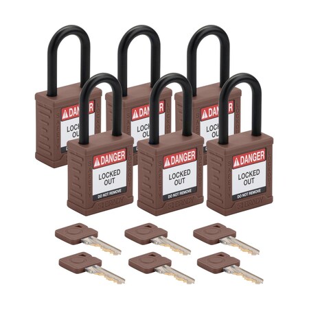 Brady SDPL-BRN-38PL-KA6 - Velocity Lockout Padlocks Nylon 1.5in Clearance KA Plastic Shackle Brown 6 PK