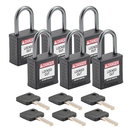 Brady CPPL-BLK-25AL-KA6 - Lockout Padlock, Keyed Alike, Nylon, Black, 1 in Shackle Height, 1 3/16 in Body Width, 6 PK