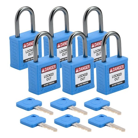 Brady CPPL-BLU-25AL-KA6 - Lockout Padlock, Keyed Alike, Nylon, Blue, 1 in Shackle Height, 1 3/16 in Body Width, 1 No. of Keys
