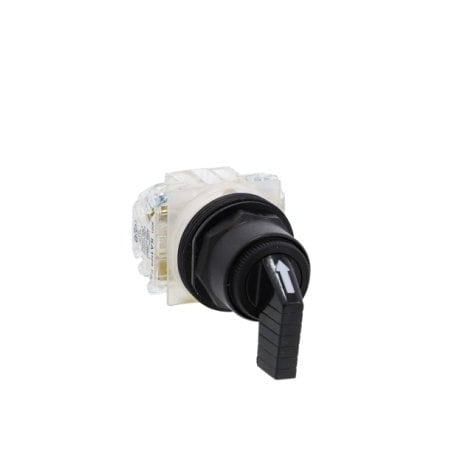 Square D 9001SKS46FBH2 - 30mm push button, Type SK, 3 position selector switch, 6 A inductive at 120 VAC, 2 NO/2 NC contacts, black knob, NEMA 4, 4 X