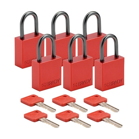 Brady CPAL-RED-25AL-KA6 - Lockout Padlock, Keyed Alike, Aluminum, Red, 1 in Shackle Height, 1 1/4 in Body Width, 6 PK