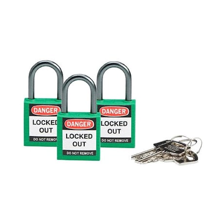 Brady 118955 - Lockout Padlock, Keyed Alike, Nylon, Green, 1 in Shackle Height, 1 3/16 in Body Width, 3 PK