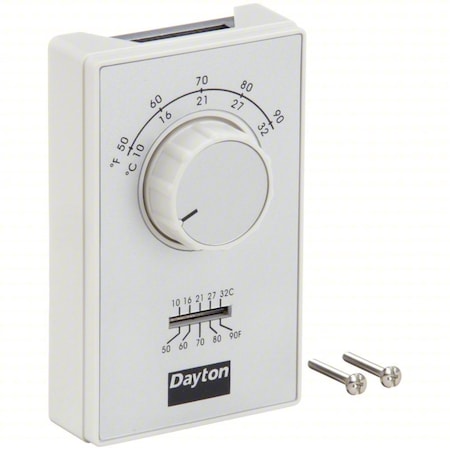Dayton 4PU49C - Line Voltage Mechanical Thermostat For Wall, 50 to 90 Degree Analog Dial, Heat Only, White
