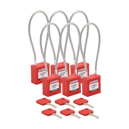 Brady CPPL-RED-200CB-KA6 - Velocity 8in Compact Cable Lockout Padlocks Nylon 4in Shackle Clearance KA Red 6 PK