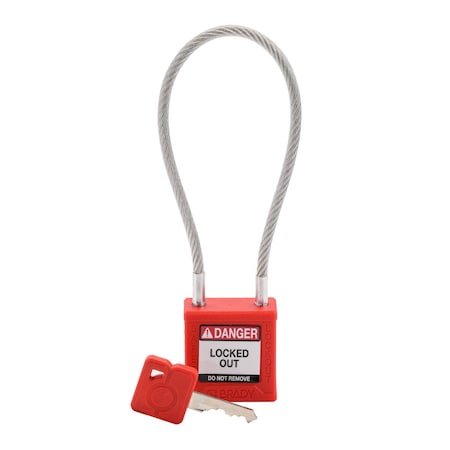 Brady CPPL-RED-200CB-KD - Velocity 8in Compact Cable Lockout Padlocks Nylon 4in Shackle Clearance KD Red