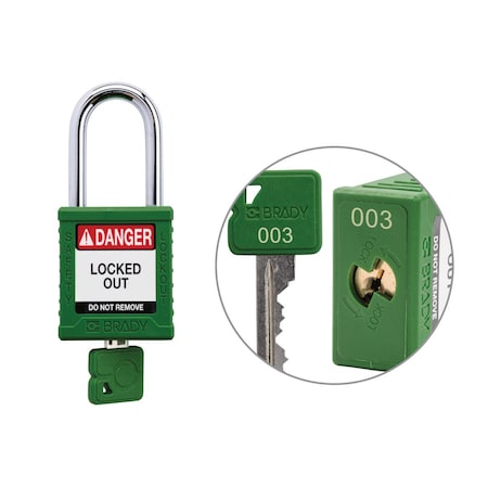 Brady SDPL-GRN-38ST-003 - Keyed Alike Padlock Unique Set Nylon Grn 1.5 in Steel Shackle Keycode 3