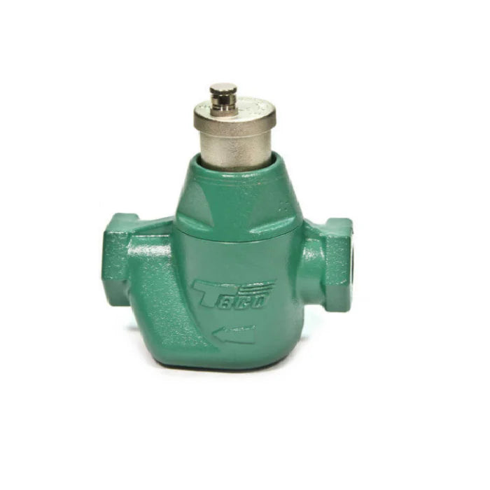 A front-facing professional product view from image_8e98e2.jpg of a Taco VRTX150-3 VorTech air separator, highlighting its robust deep teal-green powder-coated cast iron body casting, side female NPT plumbing inlets, and a top-mounted silver metallic air elimination release cap.