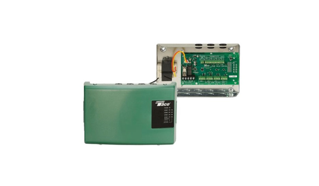 A high-resolution professional studio product layout from image_8f8884.jpg showing a Taco ZVC404-5 4-Zone Valve Control panel, displaying the closed teal-green metal front enclosure lid next to an open internal view featuring its integrated green printed circuit board, heavy-duty black transformer, and distinct diagnostic terminal strips against a pure white background.