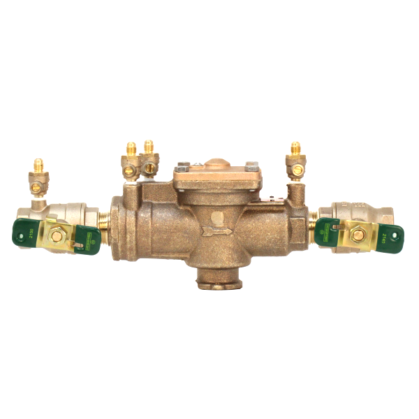 A professional side-profile product shot from image_8e27e4.jpg of a Watts 1 inch Series 009 reduced pressure zone backflow preventer assembly, showing its heavy-duty cast bronze housing, raised top-bolted diagnostic access cover, integrated test cocks, and dual shut-off ball valves with green-wrapped handles over a clean white background.