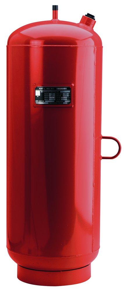 Front view of the Amtrol Extrol AX-15V red vertical commercial expansion tank showcasing the ASME nameplate data and top system connections.