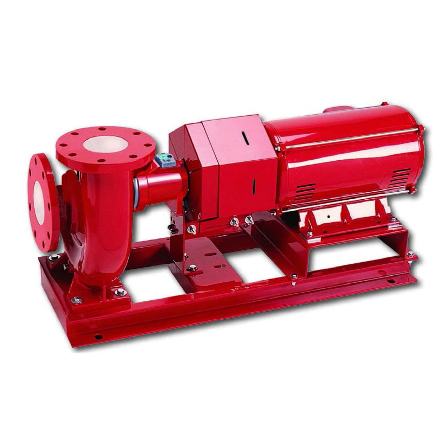 Bell and Gossett Series e-1510 2AB base mounted centrifugal pump featuring a red cast iron centerline discharge volute assembly and motor mounted to a structural steel frame base.