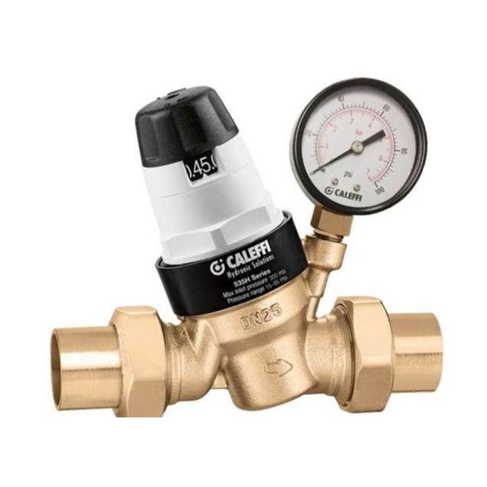 Caleffi 5350 Prescal series adjustable pressure reducing valve with heavy low-lead brass body, integrated mechanical pressure gauge, and premium polymer control knob.