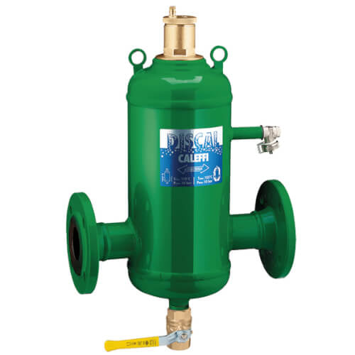 Caleffi Discal NA551080A 3 inch flanged air separator featuring a large steel cylindrical body finished in a durable green epoxy resin coat with a top-mounted brass air vent.
