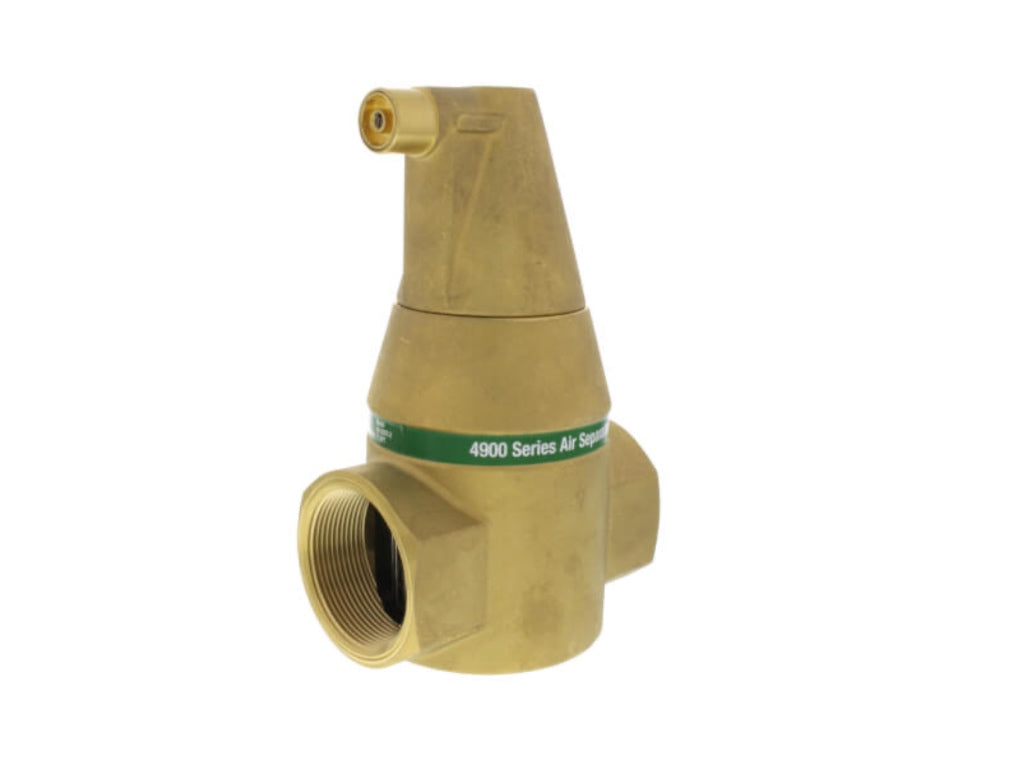 Front profile studio shot of a Taco 49-200T-2 4900 Series 2-inch automatic air separator, showcasing its heavy brass body structure with side-by-side 2 inch female NPT ports and an integrated upper vertical air elimination vent hub.