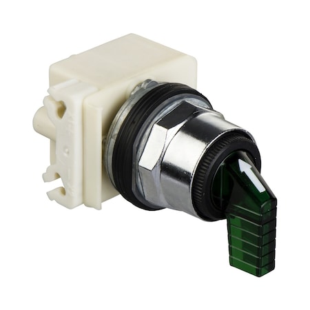 Schneider Electric 9001K11J35LGFG - Illuminated selector switch head, Harmony 9001 K, metal, long handle, green, 30mm, 2 positions, stay put, LED green, 24-28 V