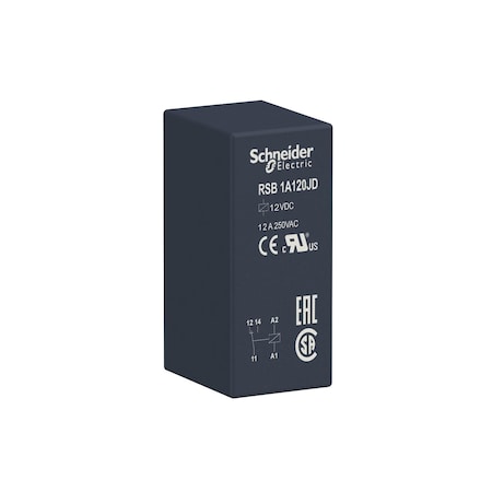 Schneider Electric RSB1A120JD - Interface plug-in relay,12 A,1 CO,12, 12 V DC Coil Volts, 1 C/O
