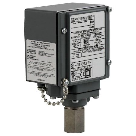 Telemecanique Sensors 9012GCW22 - Pressure Switch, Standard, DPDT, 1 Ports, 1/4-18" FNPT, 90 to 2900 psi Range, Aluminum