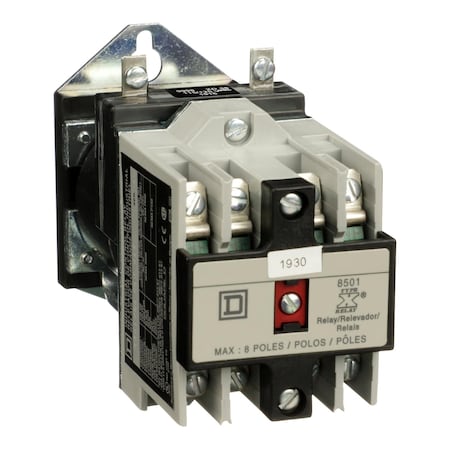 Square D 8501XDO40V62Y414 - NEMA Control Relay, Type X, machine tool, 10 A resistive at 600 VAC, 4 normally open contacts, 115/125 VDC coil, pan head
