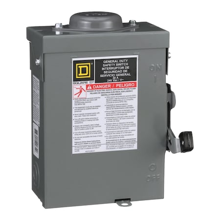 Square D DU221RBUP - Safety switch, general duty, non fusible, 30 A, 2 pole, 3hp, 240 VAC, NEMA 3 R, bolt on provision