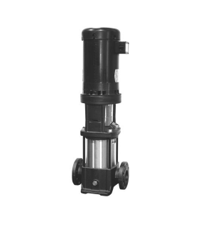 Grundfos CR 15-10 vertical multistage centrifugal pump showing heavy-duty cast iron base and stainless steel stage chambers