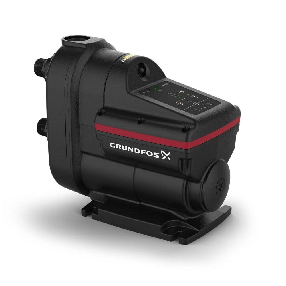 Grundfos SCALA2 3-45 variable speed constant pressure water booster pump showing the compact black composite housing frame with illuminated digital tactile button control panel.