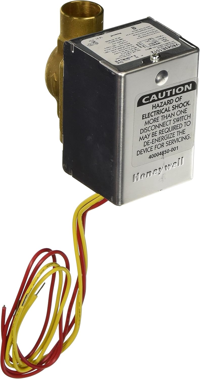 Honeywell Home V8043E1012 24-volt motorized hydronic zone valve featuring a gold metal protective powerhead box casing mounted to a straight-through 3/4-inch brass sweat body.