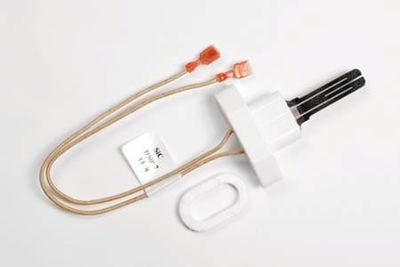 Lochinvar 100208534 Knight boiler replacement igniter assembly featuring an insulated white ceramic rod, flat metal mounting gasket flange, and attached wire connection terminal lead.