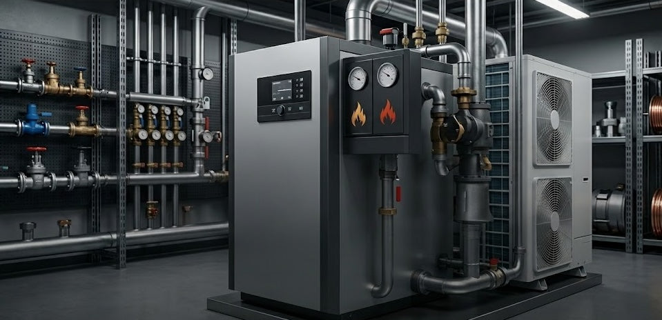 Industrial mechanical room displaying commercial heating boilers and manifold piping layout.