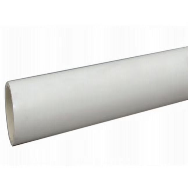 Rigid white PVC DWV drainage pipe straight length showing thin-wall non-pressure profile and factory printing spec details