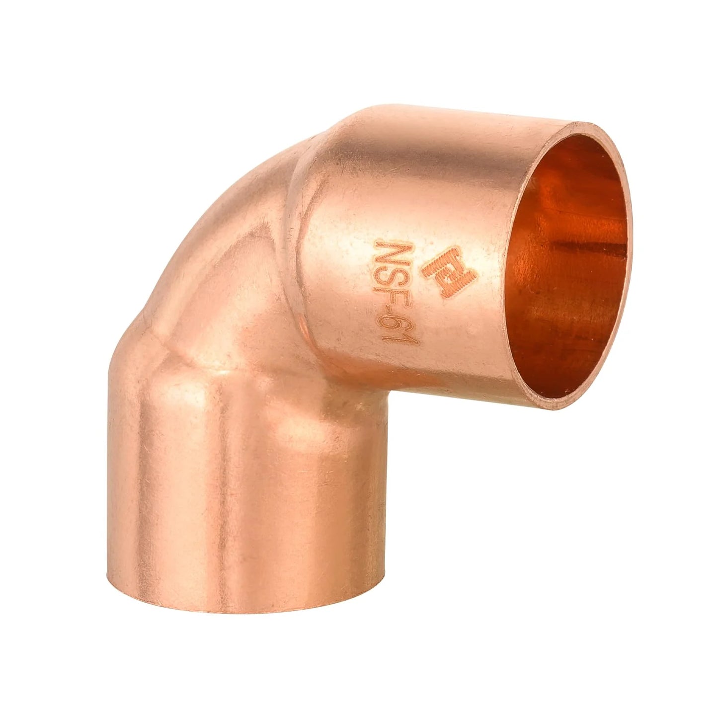 Seamless wrot copper 90 degree right angle socket elbow quarter bend pressure fitting showing female sweat solder connections