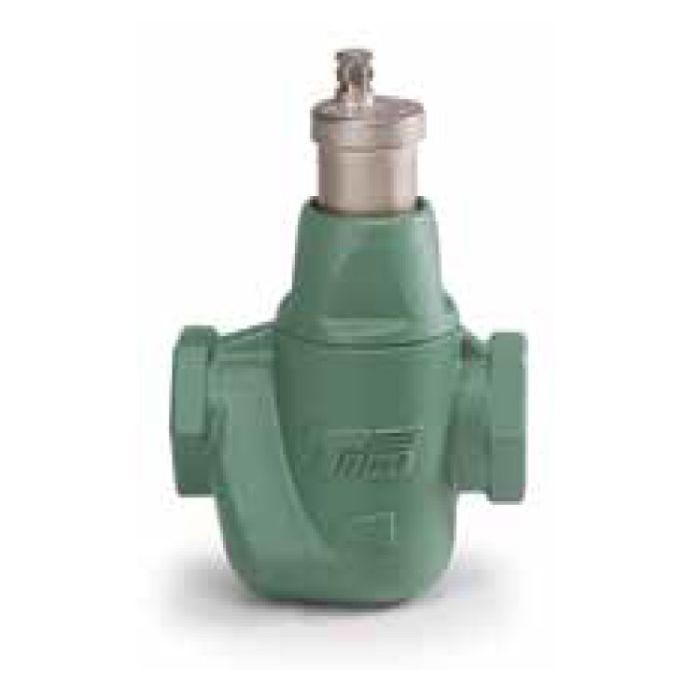 Studio profile shot of a Taco VRTX200-3 VorTech 2-inch female NPT cast iron air separator, displaying its textured green coated body, threaded pipe ports, and a brass automatic float air vent threaded on top against a solid white background.