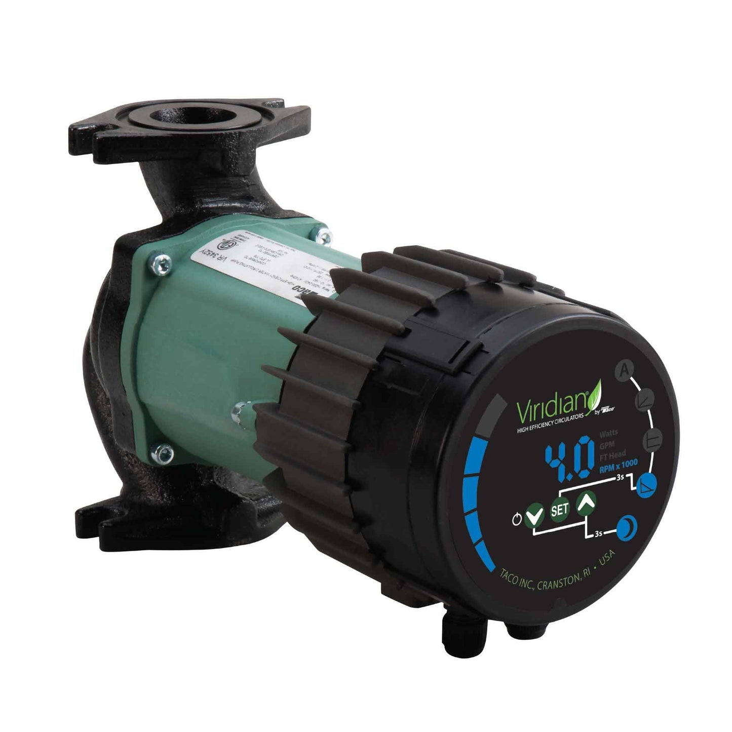 Taco 00e Series VT2218 high-efficiency permanent magnet ECM circulator pump featuring a signature green housing and an integrated black electronic control face with a bright green digital status display.