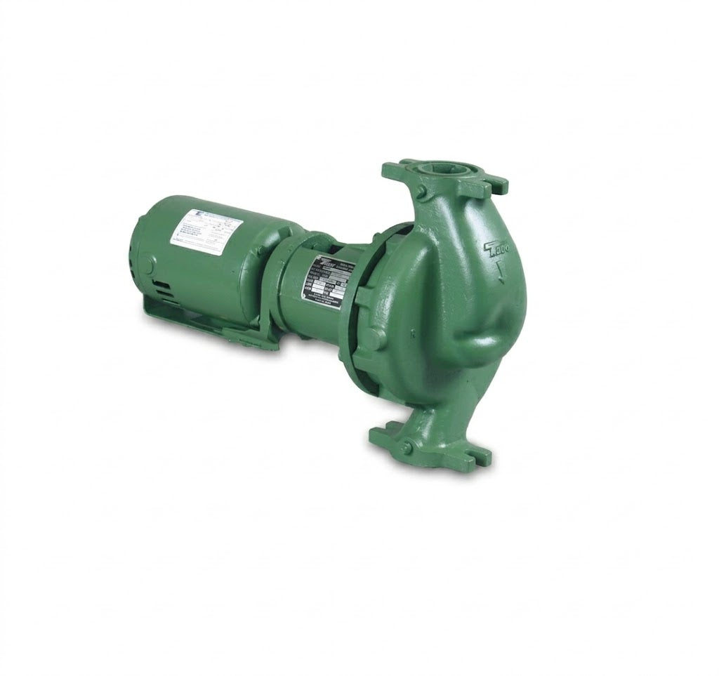 A horizontal three-quarter view of the green Taco 1600 series in-line pump from image_6.png, isolated on a white background.