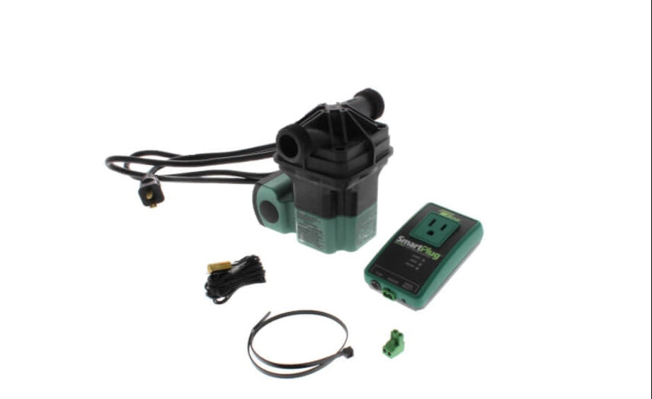Taco SmartPlus-e high efficiency ECM instant hot water recirculation system showcasing the compact green electronics casing and premium stainless steel body housing connections.