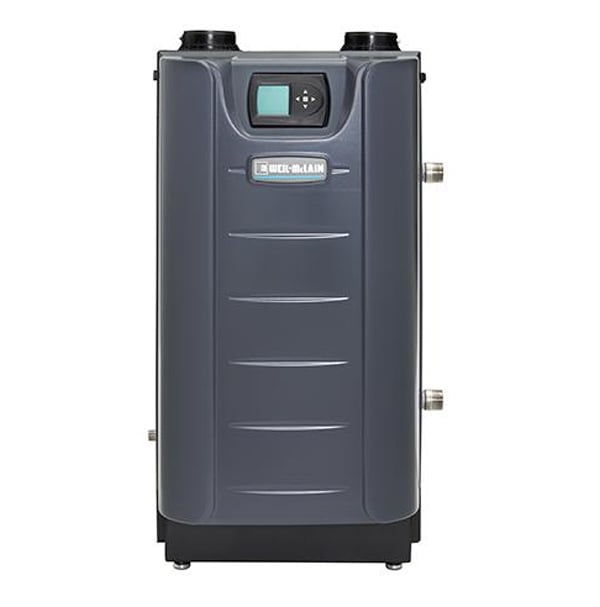 Weil-McLain Ultra Series high efficiency condensing gas water boiler with a fully removable grey front access jacket assembly.