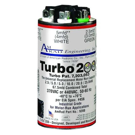 Global Turbo 200 - Motor Run Capacitor, 2.5-67.5 MFD, 370/440 V
