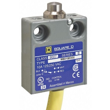 Telemecanique Sensors 9007MS01S0200 - Limit Switch, Plunger, Spring Return, SPDT, 10 A at 240 V AC, Actuator Location: Top