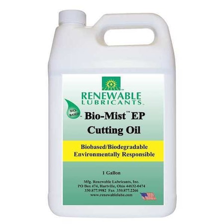 Renewable Lubricants 86733 - Cutting Oil, Bio-Mist EP, 1 gal, Jug, Light Yellow