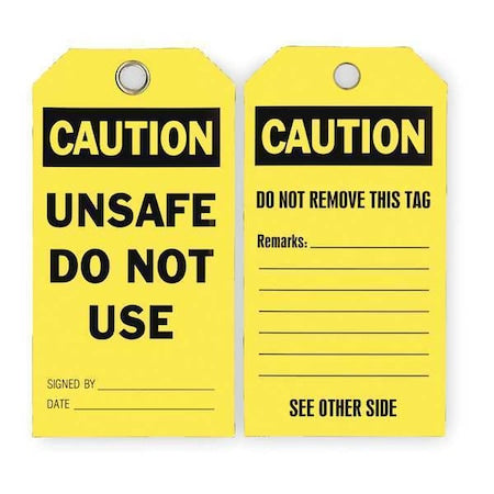 2RMV9 - Caution Tag, Lockout Tagout, Polyester, 5 3/4 in H x 3 in W, Yellow, Rectangle, 25 PK