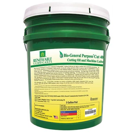 Renewable Lubricants 86834 - Cutting Oil, Cut 40, Soluble Oil, 5 gal, Pail, Transparent