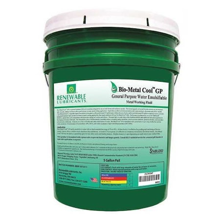 Renewable Lubricants 86804 - Cutting Oil, Bio-Metal Cool GP, Soluble Oil, 5 gal, Pail, Light Yellow