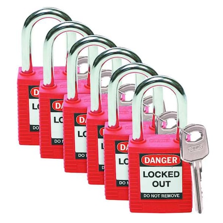 Brady 51339 - Lockout Padlock, Keyed Different, Nylon, Standard Body Size, 1-3/4 in H, Red, PK6