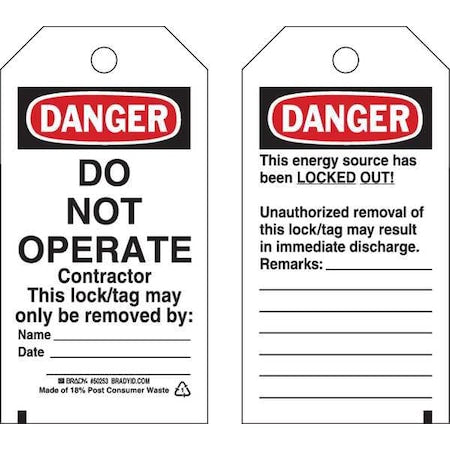 Brady 50253 - Danger Tag, Polyester, 5 3/4 in H x 3 in W, Rectangle, 25 PK