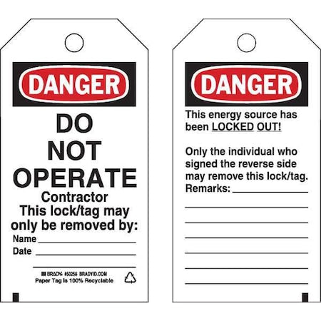 Brady 50256 - Danger Tag, Cardstock, 5 3/4 in H x 3 in W, Rectangle, 25 PK